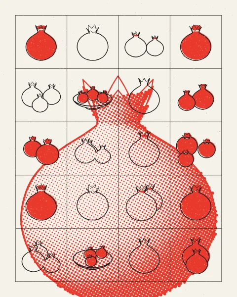 Small black drawings of pomegranates, single, paired, in a bowl and lying on their side, fill a grid over one great red halftone pomegranate that runs off the bottom of the sheet.