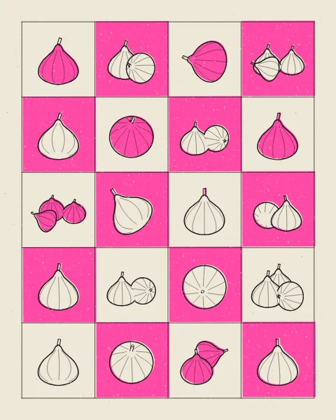 Figs standing, lying and in small groups, drawn in black on a chequerboard of fluorescent pink and cream, the pink printed around each fig so that it shows as clear paper.
