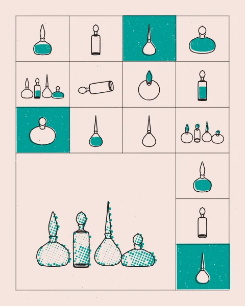 A grid of small perfume bottles with long stoppers, some holding a little teal oil, around a wide block where four larger bottles stand in teal halftone and black line, on a blush pink sheet.