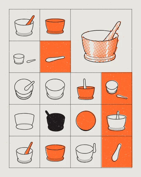 A brass mortar and pestle drawn many ways in black, alone, together and side by side, with one large mortar in orange halftone and black line set into a block of the grid.