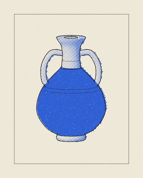 A single two-handled clay water jar, drawn in black over a soft blue halftone with its body printed flat in blue, alone in a fine frame on a cream sheet.