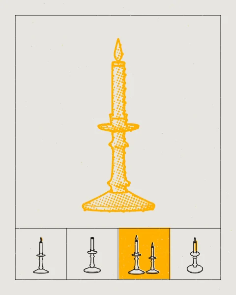 A tall brass candlestick in a warm yellow halftone fills the sheet above a row of small black drawings of candlesticks, lit and unlit, single and paired.