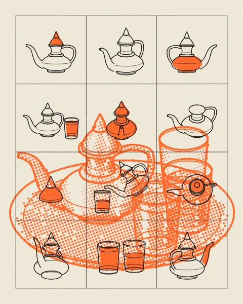 A Moroccan teapot and its glasses on a round brass tray, drawn large in orange halftone, behind a grid of small black studies of the teapot, its lid and its glasses.