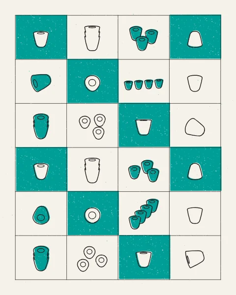 Small handle-less coffee cups, single, stacked, in rows and on their side, drawn in black across a grid with diagonal runs of teal cells printed around the cups.
