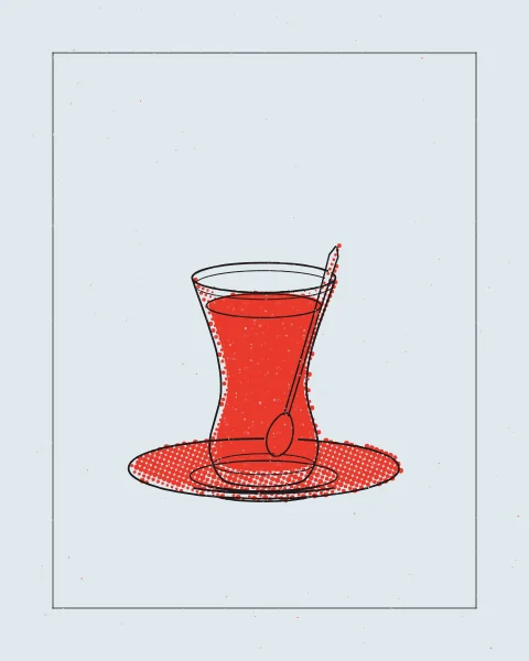 One istikana of tea with a spoon on its saucer, drawn in black over a red halftone, the tea printed in solid red, alone in a fine frame on a pale blue sheet.