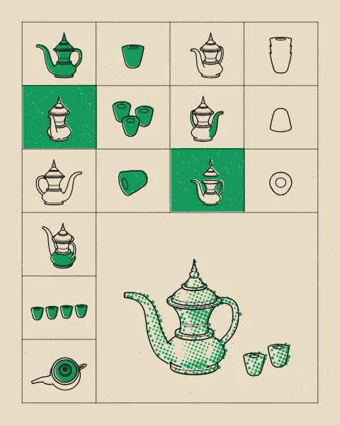 Dallah coffee pots and small finjan cups alternate across a grid of black drawings, with green fills and a few solid green cells, around a larger dallah and two cups in green halftone.