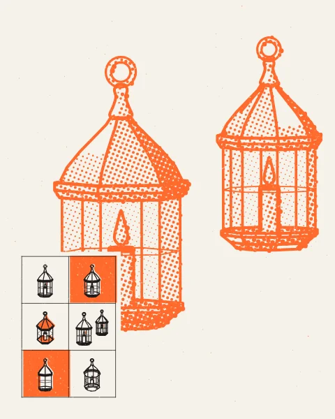 Two glazed lanterns hang from the top edge of the sheet in a large orange halftone, with a compact block of small black lantern studies set low in the opposite corner.