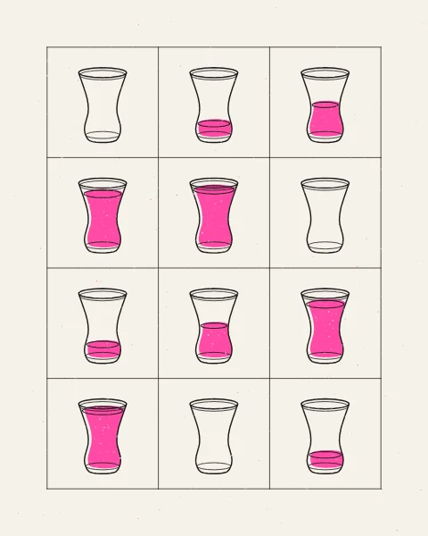 The same tea glass repeated in a calm grid, empty, a quarter, half, full and brimming, in black line with the tea in fluorescent pink.
