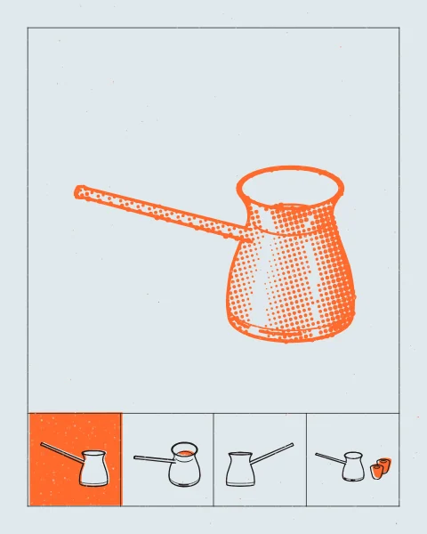 A large cezve full of coffee in orange halftone above a strip of small black drawings of the pot and its cups, on a pale blue sheet.
