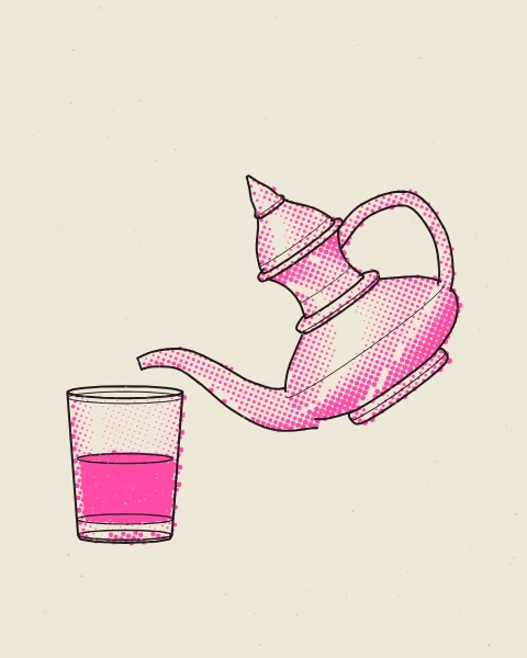 A Moroccan teapot tipped to pour into a small glass, drawn large in black over a fluorescent pink halftone, the tea in the glass printed solid pink.