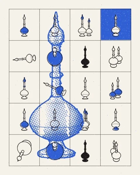 Rosewater sprinklers single, paired, lying and seen from above, drawn in black across a grid over one tall blue halftone sprinkler, in the slightly offset two-colour manner of a risograph print.