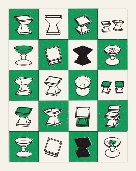 Square and round incense burners from many angles, alone and in pairs, drawn in black on a chequerboard of green and pale paper, the green printed around each burner.