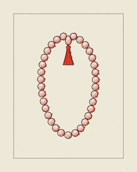 A single string of prayer beads hanging from its tassel, drawn in black over a soft red halftone, alone in a fine frame on a cream sheet.