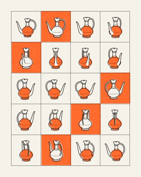 A long-spouted ewer turned step by step through a full circle across a grid of black line drawings, with diagonal runs of orange cells.