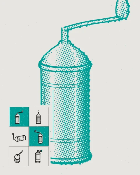 A tall coffee grinder drawn very large in teal halftone, its crank arm running off the top of the sheet, with a small block of black studies of the grinder in the corner.