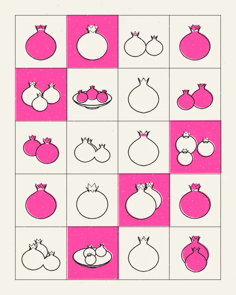 Pomegranates whole, paired, in threes, lying and in a bowl, drawn in black on a chequerboard of fluorescent pink and pale paper, the pink printed around each fruit.
