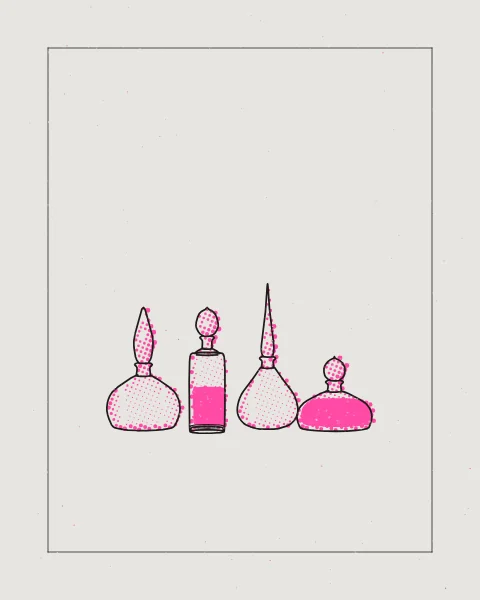 Four small perfume bottles with long stoppers stand in a row, drawn in black over a fluorescent pink halftone, alone in a fine frame on a grey sheet.
