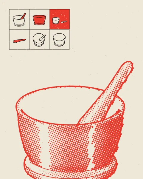 A brass mortar with its pestle drawn very large in red halftone, filling the sheet and running off its lower edge, with a small block of black studies above.