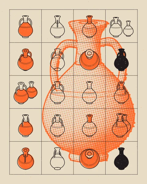 Clay water jars with and without handles, alone and in pairs, drawn in black across a grid over one large orange halftone jar, on a warm kraft sheet.