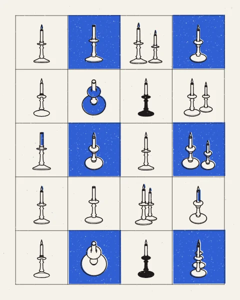 Brass candlesticks lit and unlit, single and in pairs, drawn in black on a grid where the blue cells are printed around the candlesticks so that they stand out as clear paper.