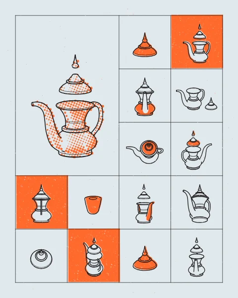 A dallah taken apart, its lid, finial, body and spout lifted and turned, drawn in black around a block holding a larger exploded dallah in orange halftone, on a pale blue sheet.