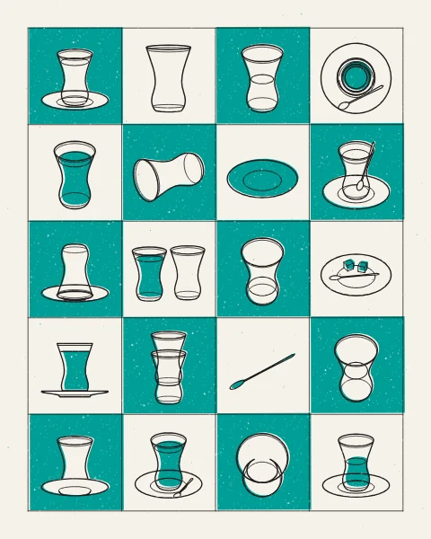 Istikana tea glasses full, half and empty, on saucers and stacked, drawn in black across a grid with a chequer of teal cells printed around the glasses.