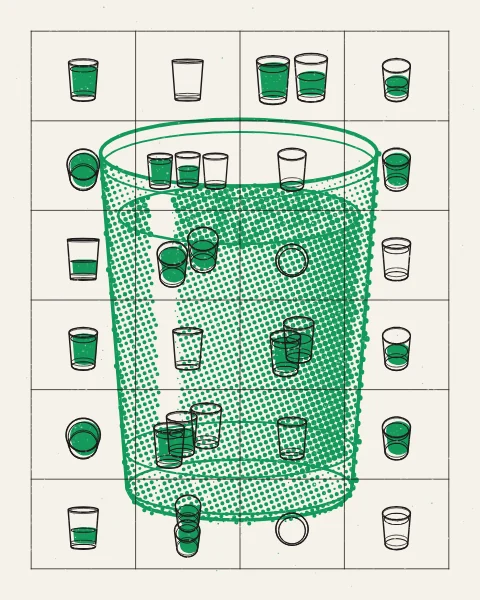 Small Moroccan tea glasses, single, paired and in threes, empty and filled, drawn in black across a grid over one large tea glass in green halftone.