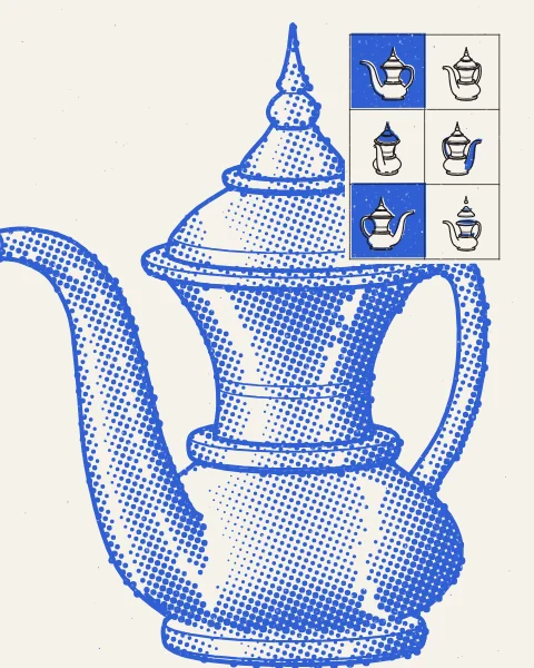 A dallah drawn very large in blue halftone, its spout and finial running off the edges of the sheet, with a small block of black dallah studies in a quiet corner.