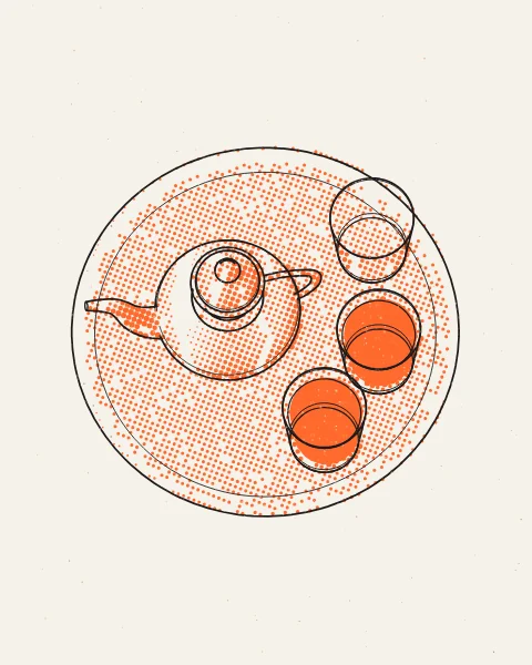 A round tea tray seen almost from directly above, with its teapot and glasses, drawn in black over an orange halftone with the tea printed solid orange.