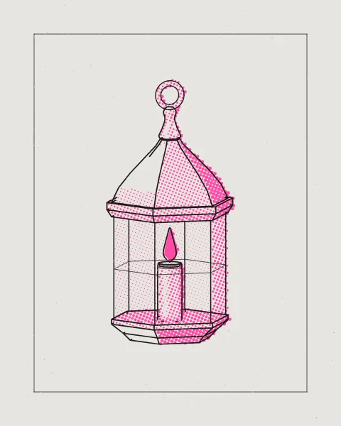 A single six-sided lantern with a lit candle inside, drawn in black over a fluorescent pink halftone, the flame printed solid pink, in a fine frame on a grey sheet.