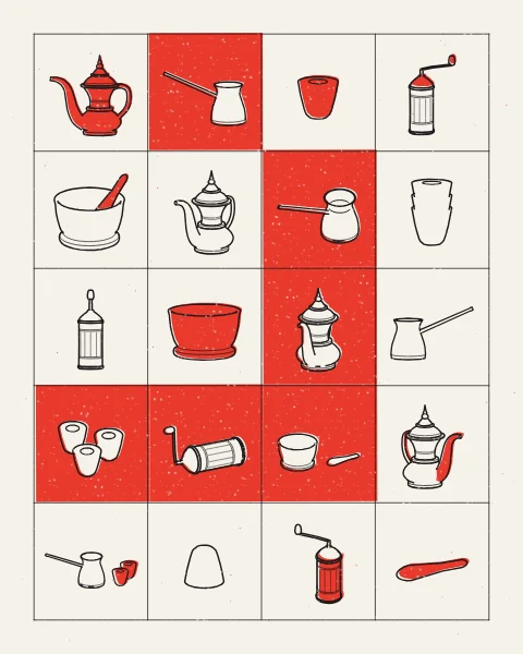 A grid of the things of the coffee hour, dallah, cezve, finjan cups, grinder and mortar, drawn in black with red cells printed around a few of them.