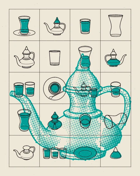 Tea glasses, saucers, teapots and Moroccan glasses drawn in black across a grid over one large Moroccan teapot in teal halftone, on a cream sheet.