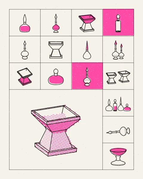 Perfume bottles, rosewater sprinklers and incense burners drawn in black across a grid, around a block holding a large square incense burner in fluorescent pink halftone.
