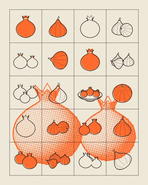 Pomegranates and figs alternate across a grid of black drawings, whole, paired and lying, over two large pomegranates in orange halftone on a cream sheet.