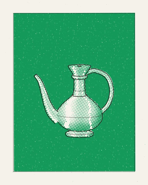 A long-spouted ewer drawn in black and shaded in green halftone, standing as clear paper in a solid green panel, on a white sheet.