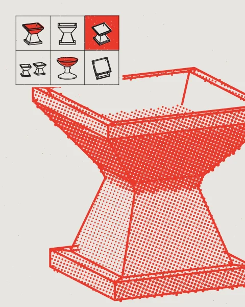 A square incense burner drawn very large in red halftone, running off the bottom and side of the sheet, with a small block of black studies of burners in the corner.