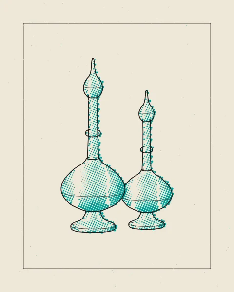 A tall and a short rosewater sprinkler side by side, drawn in black over a teal halftone, alone in a fine frame on a cream sheet.
