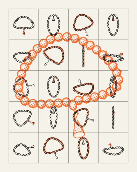 Prayer beads lying in loose loops and hanging from their tassels, drawn in black across a grid over one large loop of beads in orange halftone.
