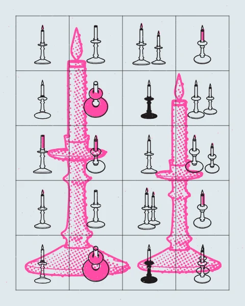 Two brass candlesticks with lit candles stand large in a fluorescent pink halftone behind a grid of small black candlestick studies, on a pale blue sheet.