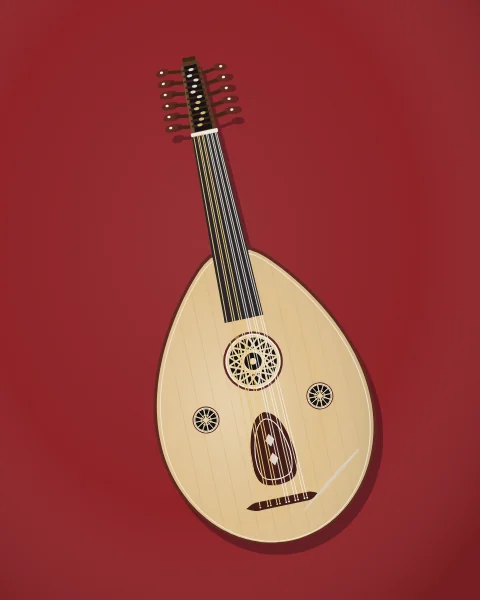 An oud lies on a deep red cloth, its pear-shaped soundboard, carved rosettes and eleven strings seen from above, with the long plectrum resting on the face.