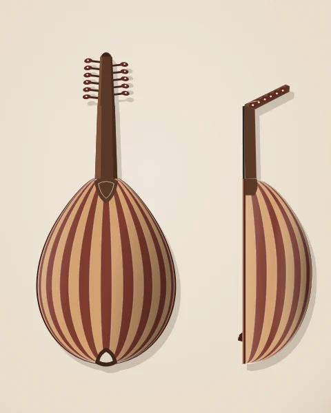 The same oud drawn twice, from the back and from the side, showing the striped bowl of ribs and the pegbox bent sharply back from the neck.