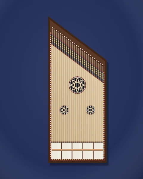 A qanun seen from directly above, with its slanted row of tuning pegs, small brass levers, carved rosettes and the bridge resting on panels of skin.