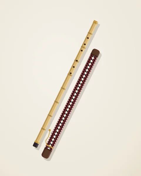 A reed ney flute with its horn mouthpiece and brass ferrule lies beside its woven case on a pale ground.