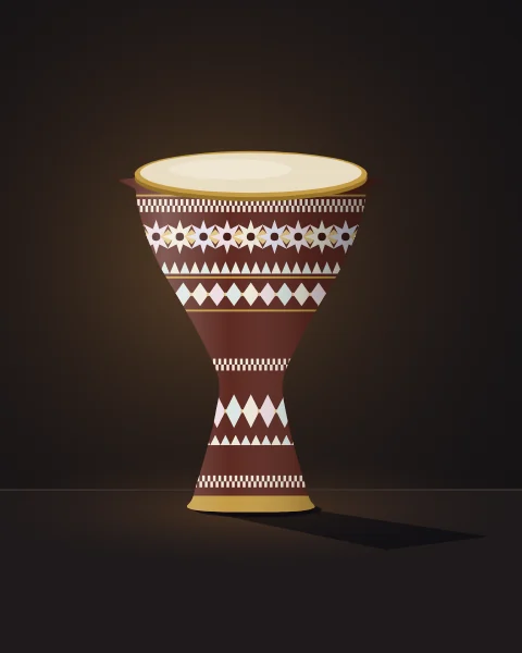 A goblet drum inlaid with bands of mother-of-pearl stands in warm lamplight against a dark room.