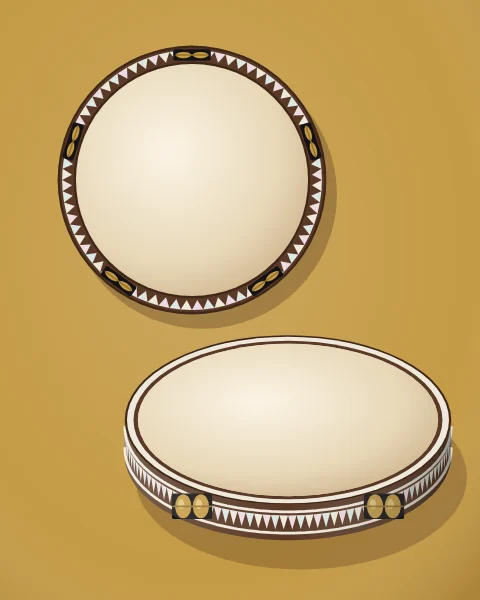 A small frame drum with an inlaid wooden rim and paired brass jingles set into its frame, resting on an ochre ground.
