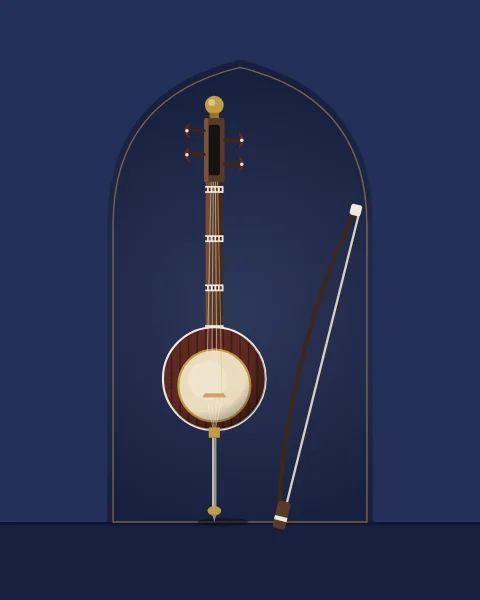 A kamancheh spike fiddle stands upright in an arched niche, its bow leaning beside it.