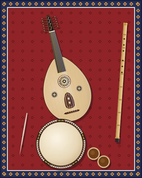 An oud, a ney, a riq, a plectrum and two cups of coffee laid out on a red carpet with a blue border, seen from above.