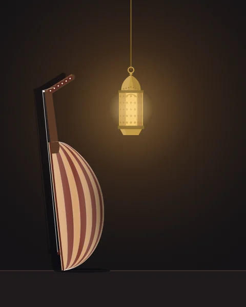 An oud stands in profile against a dark wall, its ribbed bowl and bent-back pegbox lit by a brass lantern.