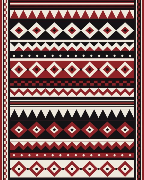 A woven panel of bold red, black and ivory bands filled with triangles, diamonds, chevrons and small dots, edged with fine stripes.