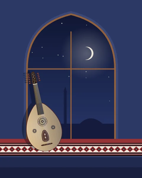 An oud leans in an arched window above a sadu-covered seat, with a new crescent moon and the domes of a sleeping city beyond.